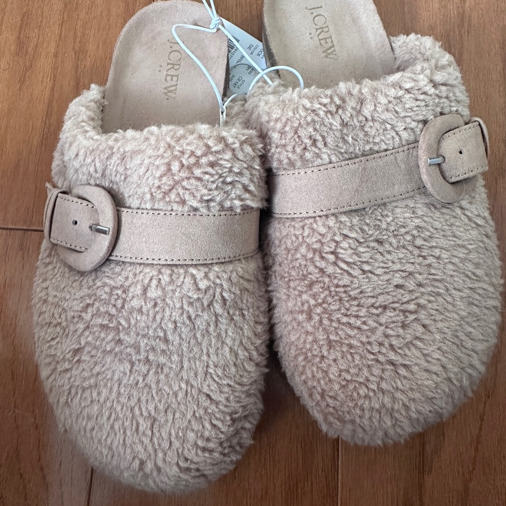 J. Crew Tan Fuzzy Buckle Clogs